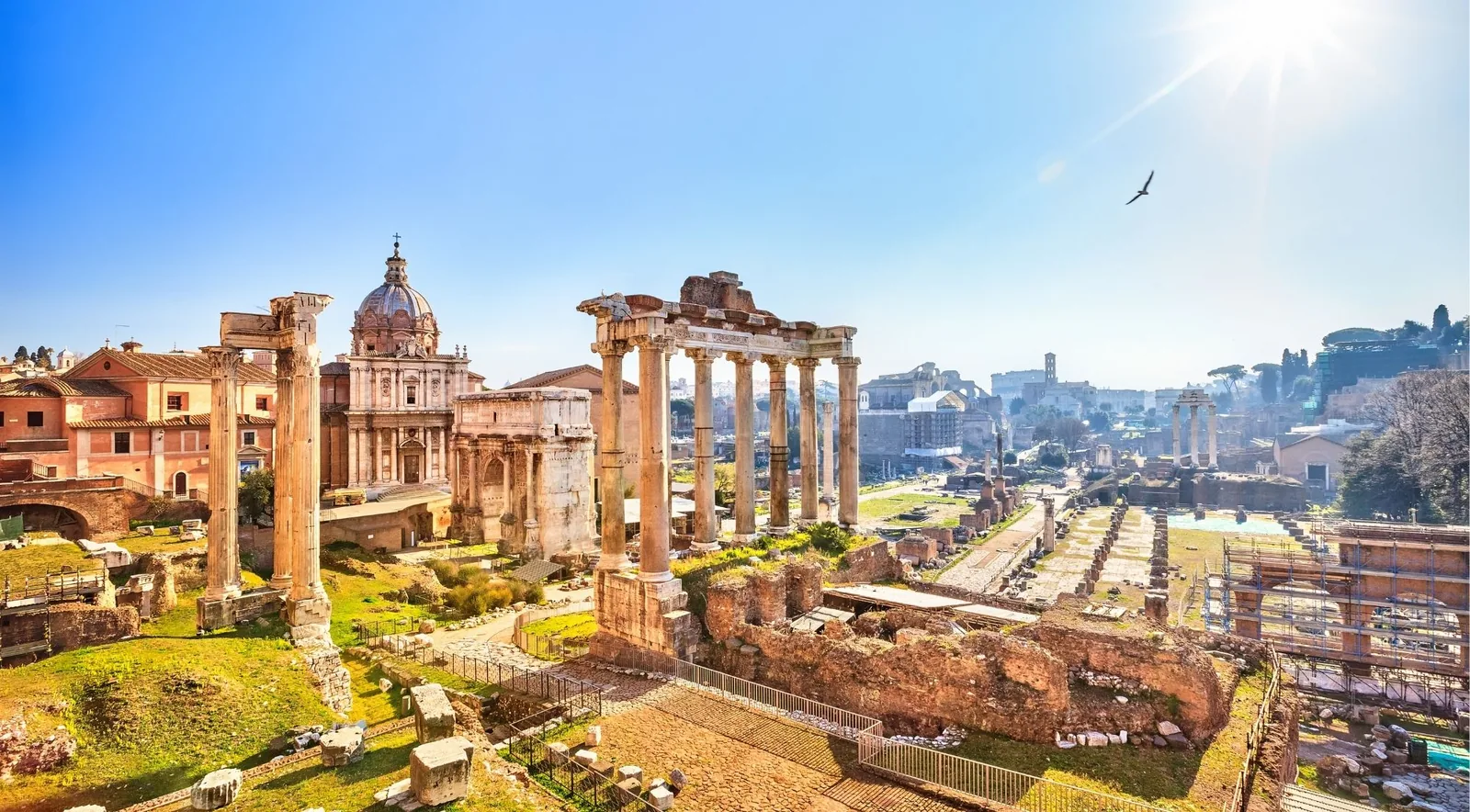 Panoramic view of the Roman Forum ruins with temples and the Arch of Septimius Severus
