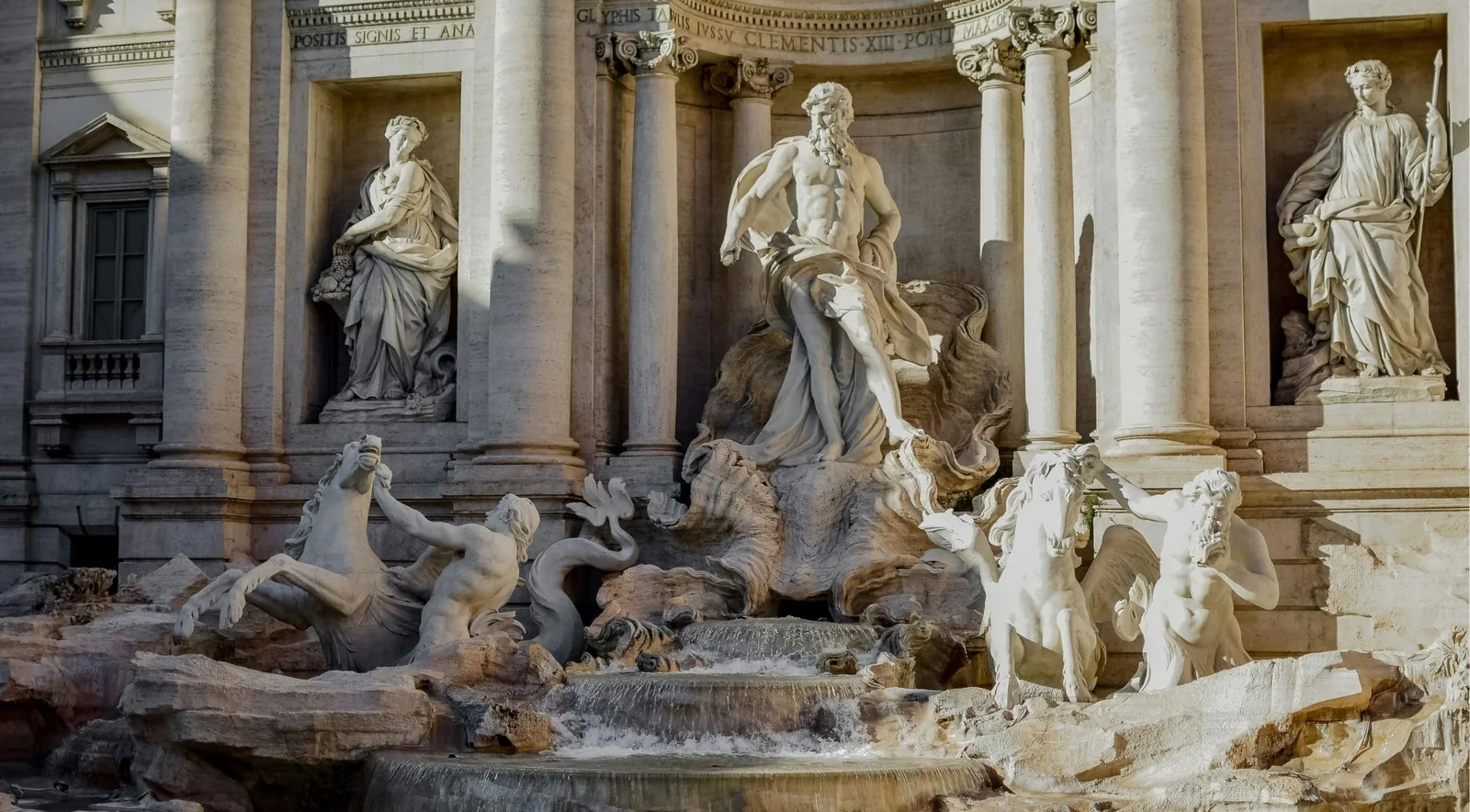 The Oceanus statue and Baroque sculptures at the centre of the Trevi Fountain